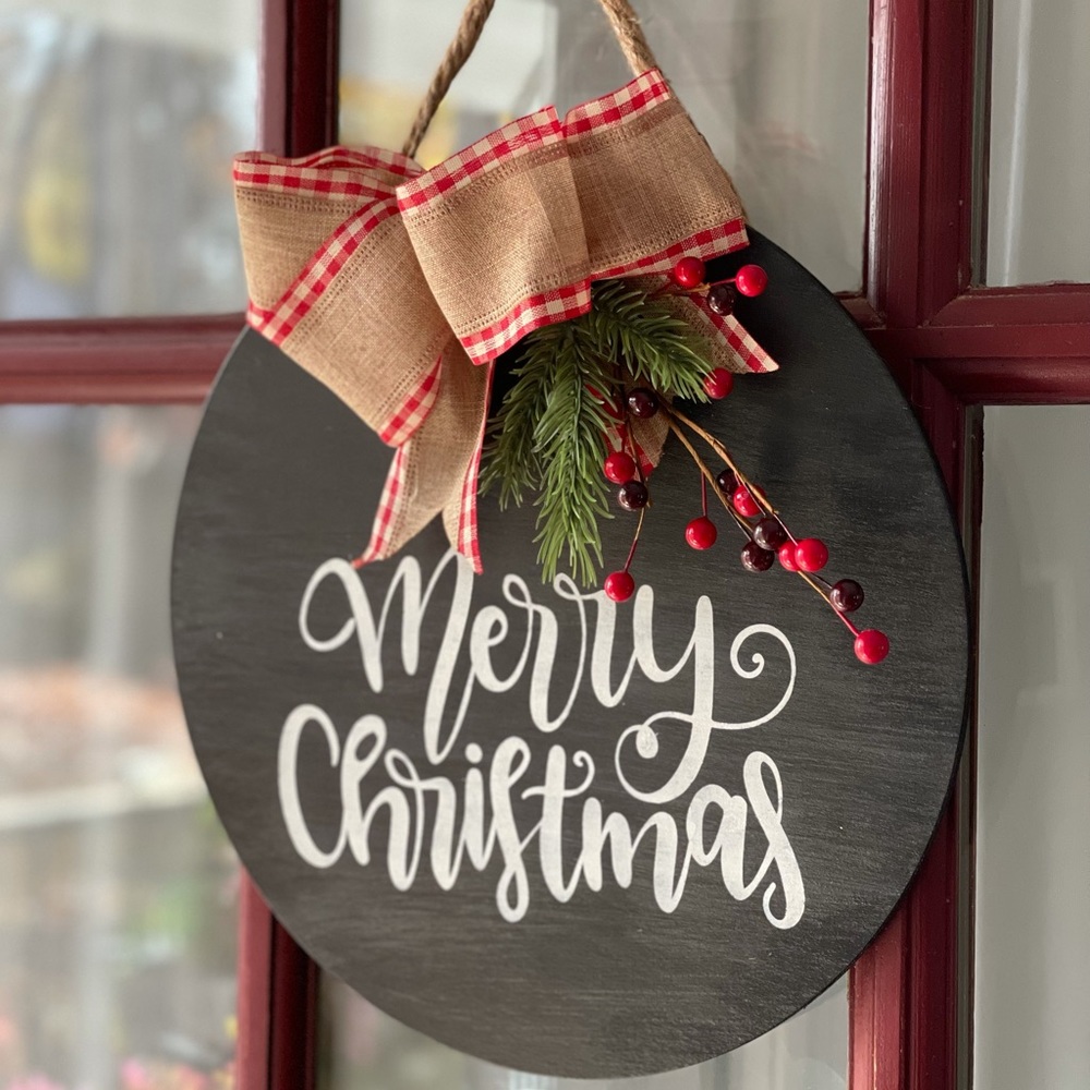 Hand Crafted Merry Christmas wood door round